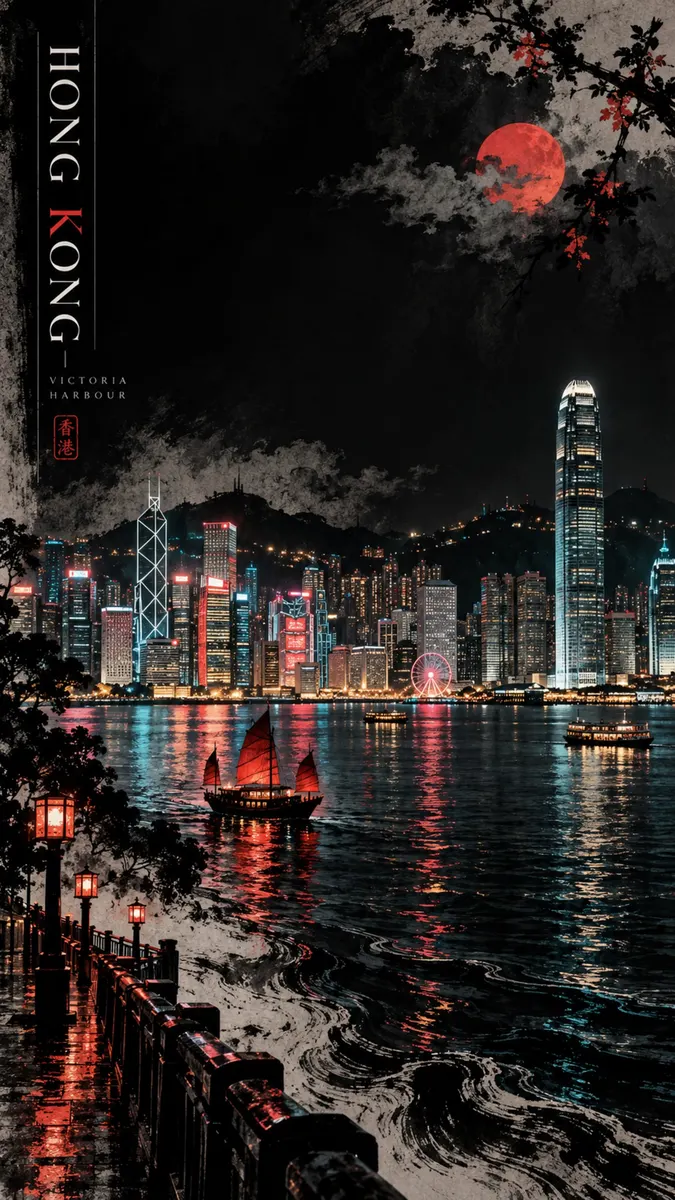 Geleneksel kırmızı bir junk teknesi, gece Victoria Limanı'nın karanlık sularında yelken açıyor ve arka planda Hong Kong silüeti parlıyor.