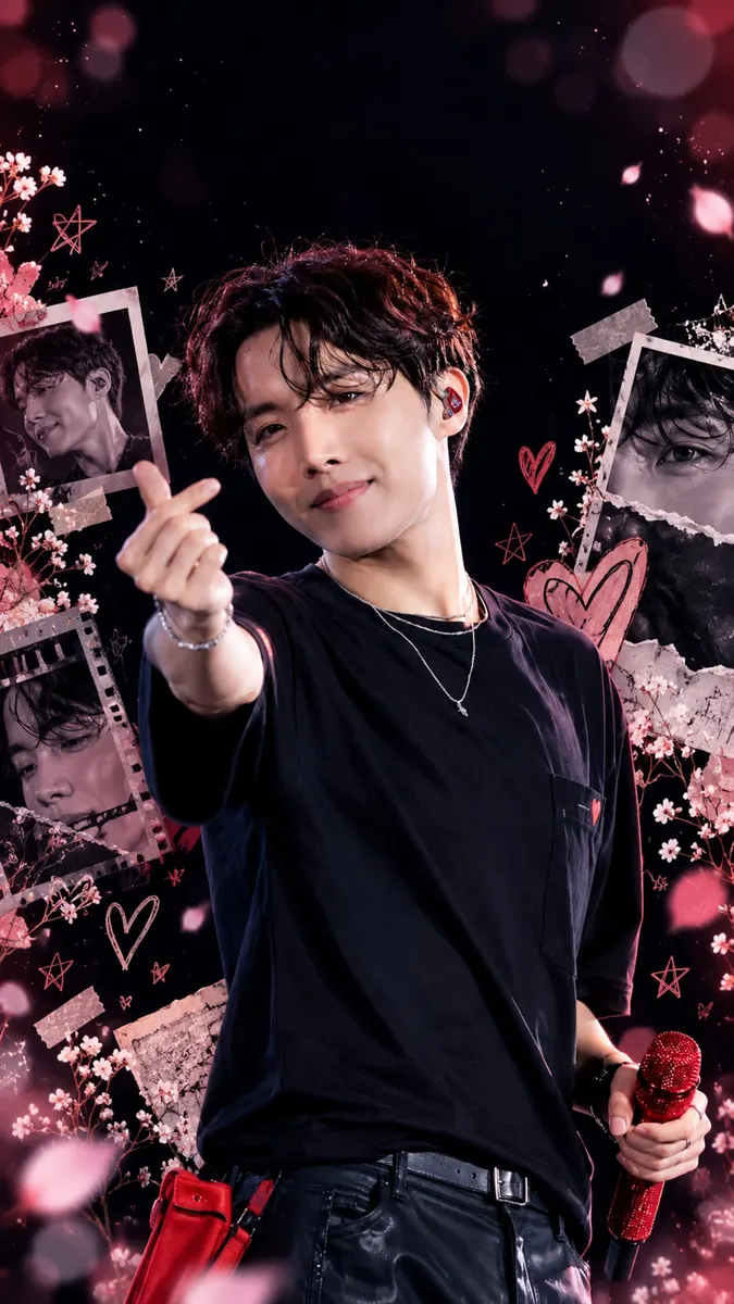 Hoseok vistiendo una camiseta negra y sosteniendo un micrófono rojo mientras hace un gesto de corazón con los dedos rodeado de pétalos de flores rosas.
