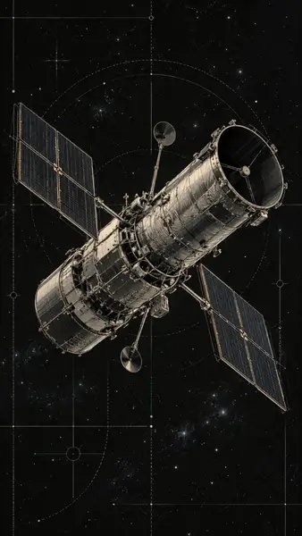 大きなソーラーパネルと金属製の円筒形の本体を持ち、細い白いグリッド線のある暗い星空の背景に浮かぶハッブル宇宙望遠鏡。