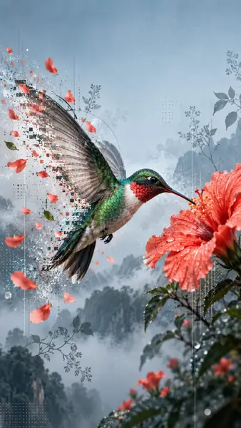 Seekor burung kolibri dengan bulu hijau dan merah melayang di dekat bunga kembang sepatu merah besar dengan partikel piksel digital jatuh dari sayapnya.
