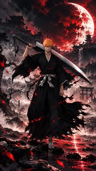 Ichigo Kurosaki dengan rambut oranye memegang bilah besar, mengenakan kimono hitam, berdiri di depan bulan merah raksasa dan reruntuhan kuil.