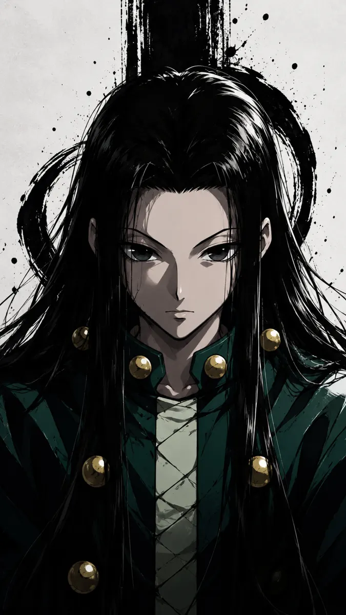 長いストレートの黒髪で、金色のボタンが付いた緑のジャケットを着たIllumi Zoldyck。黒いインクアートが施された白い背景。