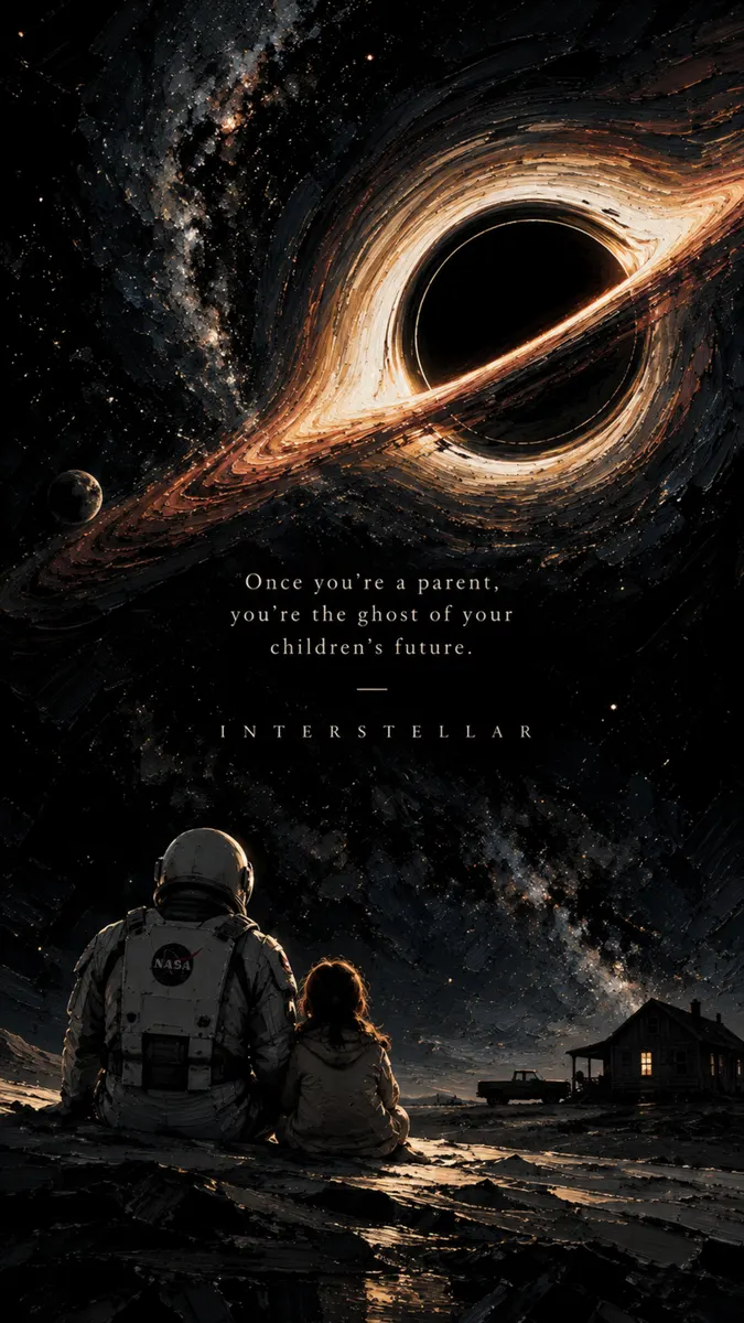 Un astronauta con tuta NASA e una bambina seduti su una superficie rocciosa guardano verso un buco nero vorticoso nello spazio.