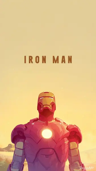 Iron Man nella sua armatura rossa e oro guarda verso l'alto con un reattore arc sul petto luminoso su uno sfondo giallo chiaro.