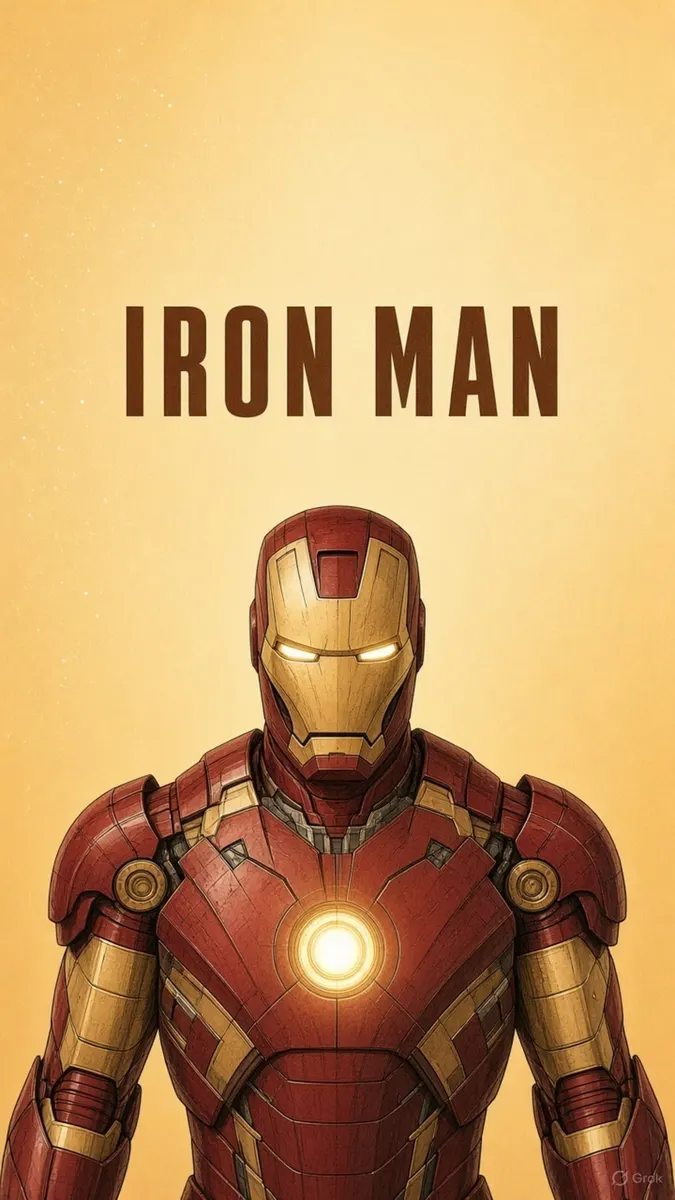 Iron Man dengan baju zirah merah dan emas dengan mata bersinar dan reaktor arc, berpusat pada latar belakang kuning muda dengan teks Iron Man di atasnya.