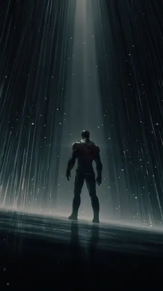Iron Man in piedi di spalle in una foresta buia e piovosa con raggi di luce che scendono dall'alto.