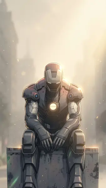 Iron Man nella sua armatura metallica seduto su un blocco di cemento in una strada cittadina nebbiosa