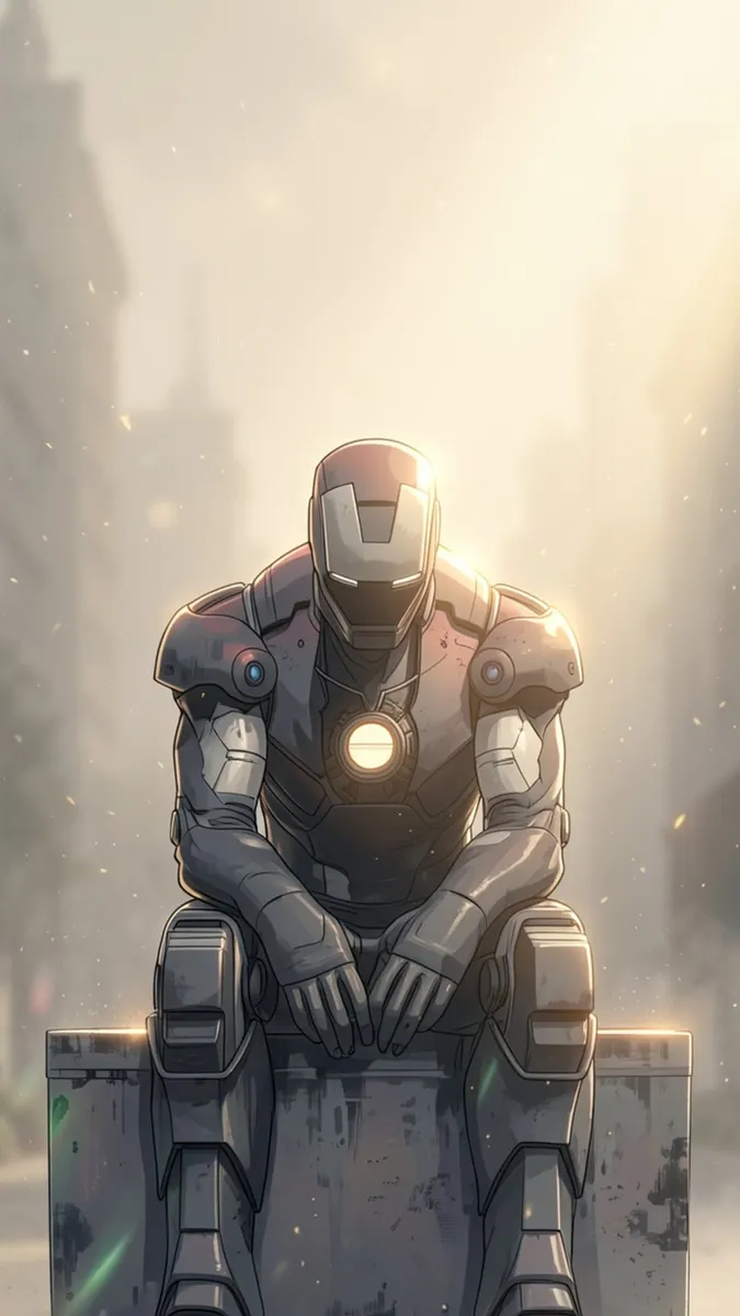 Iron Man con su armadura metálica sentado en un bloque de hormigón en una calle brumosa de la ciudad