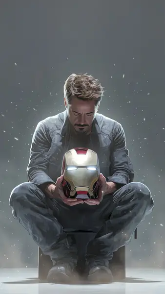 Tony Stark seduto a gambe incrociate che guarda il suo casco luminoso di Iron Man tra le mani