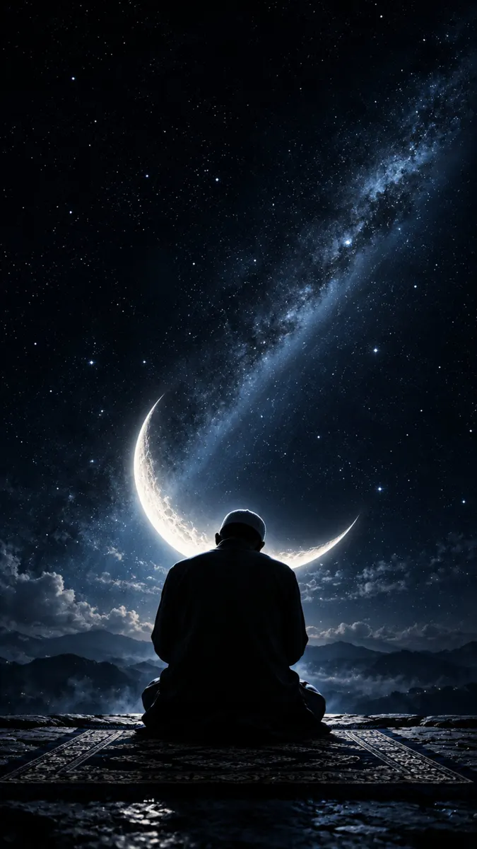 Silhouette di un uomo che indossa un berretto kufi inginocchiato su un tappeto da preghiera sotto una mezzaluna luminosa e un cielo notturno stellato.