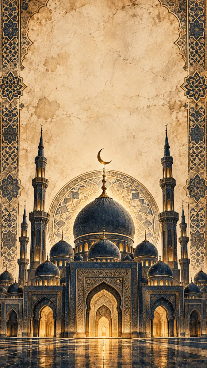 Vintage kağıt arka plan üzerinde hilal altında mavi kubbeleri ve minareleri olan bir caminin simetrik görünümü.