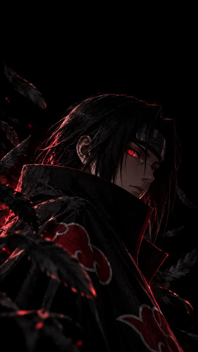 Itachi Uchiha with long black hair and a glowing red Sharingan eye, wearing a black cloak with red clouds, surrounded by floating feathers.
