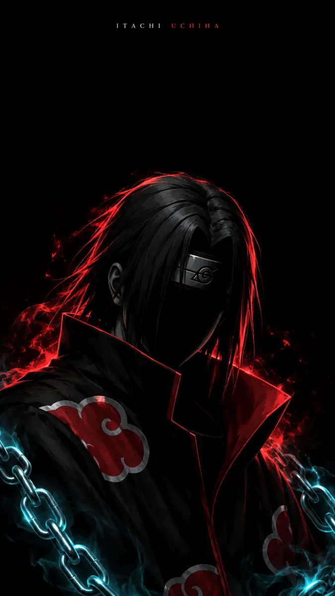 Itachi Uchiha with a hidden face wearing a black cloak with red cloud patterns, surrounded by red aura and blue glowing chains.