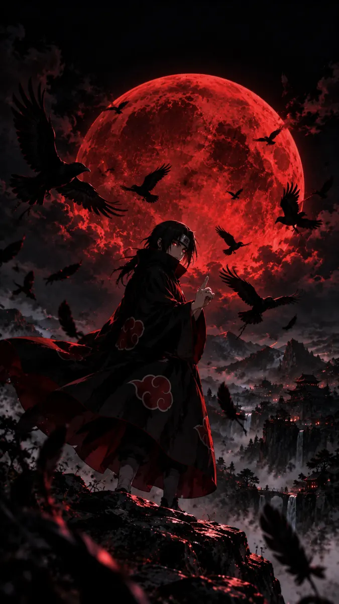 Akatsuki pelerini giymiş Itachi Uchiha, büyük bir kırmızı ay ve uçan kargaların olduğu bir uçurumda duruyor.