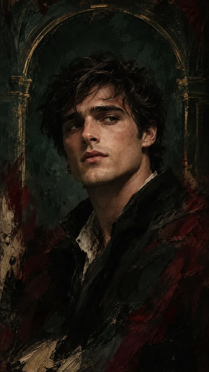 Jacob Elordi in een portret in olieverfstijl met donkere, gestructureerde penseelstreken en een sfeervolle, klassieke uitstraling.