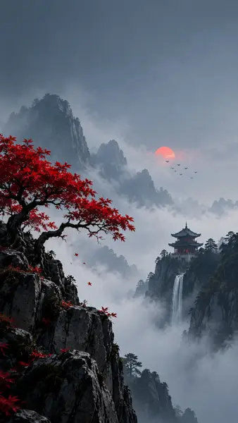 Pagoda Jepang tradisional duduk di tebing di samping air terjun dengan pohon maple merah cerah di latar depan.