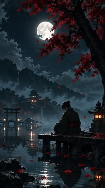 Seorang samurai berjubah gelap duduk di dermaga kayu di tepi danau pada malam hari dengan bulan purnama, pohon maple merah, dan arsitektur kuil.