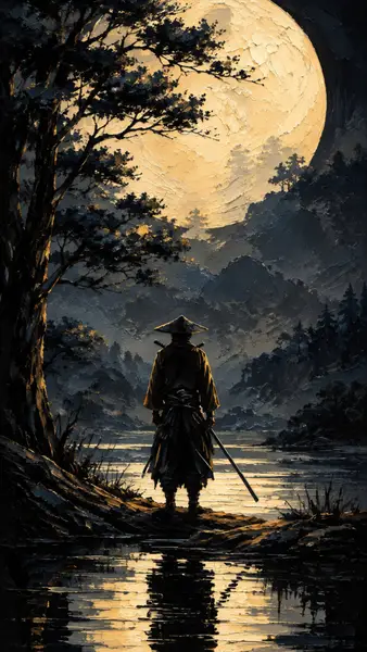 Seorang samurai kesepian dengan topi kerucut berdiri di tepi sungai menatap bulan purnama raksasa di atas pegunungan gelap