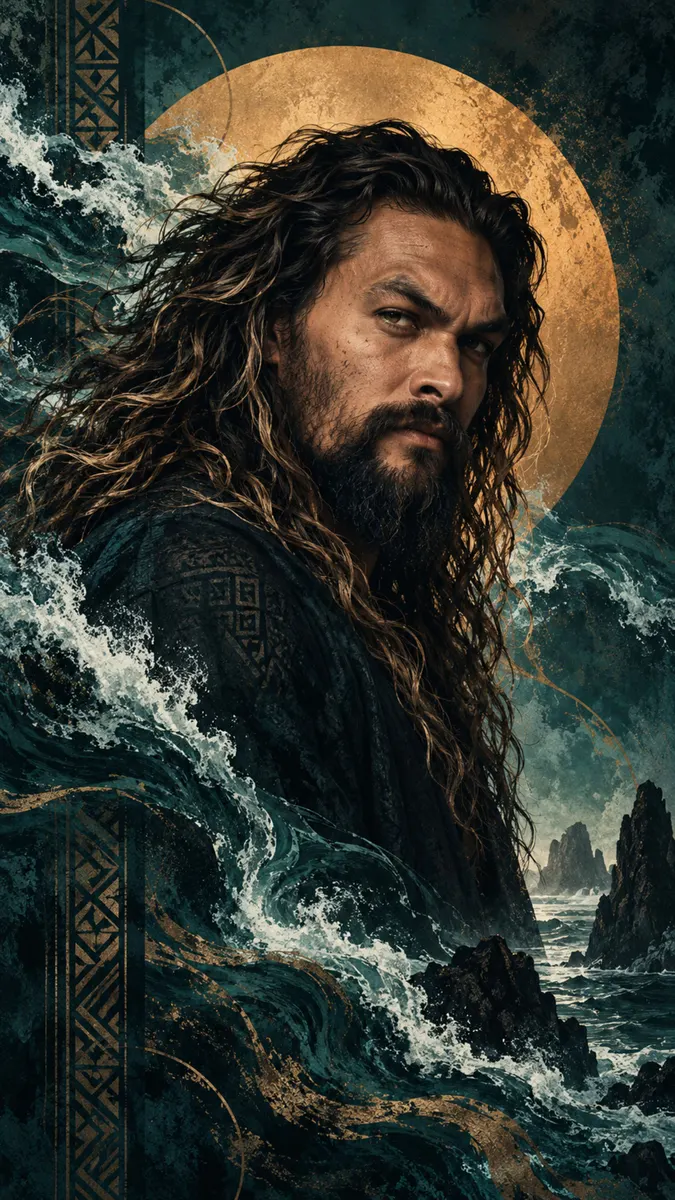 Uzun koyu saçlı Jason Momoa'nın altın bir güneş ve karanlık, çalkantılı okyanus dalgaları önündeki portresi.