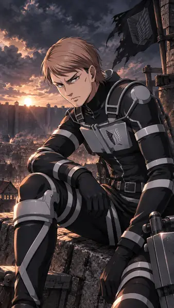 Jean Kirstein uit Attack on Titan zittend op een stenen muur in zijn zwarte uniform met het Survey Corps logo zichtbaar.