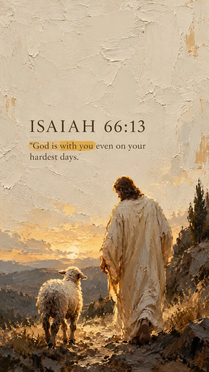 Jesus Christus in einem fließenden Gewand geht bei Sonnenuntergang neben einem kleinen Schaf auf einem steinigen Pfad, mit Schrifttext darüber.
