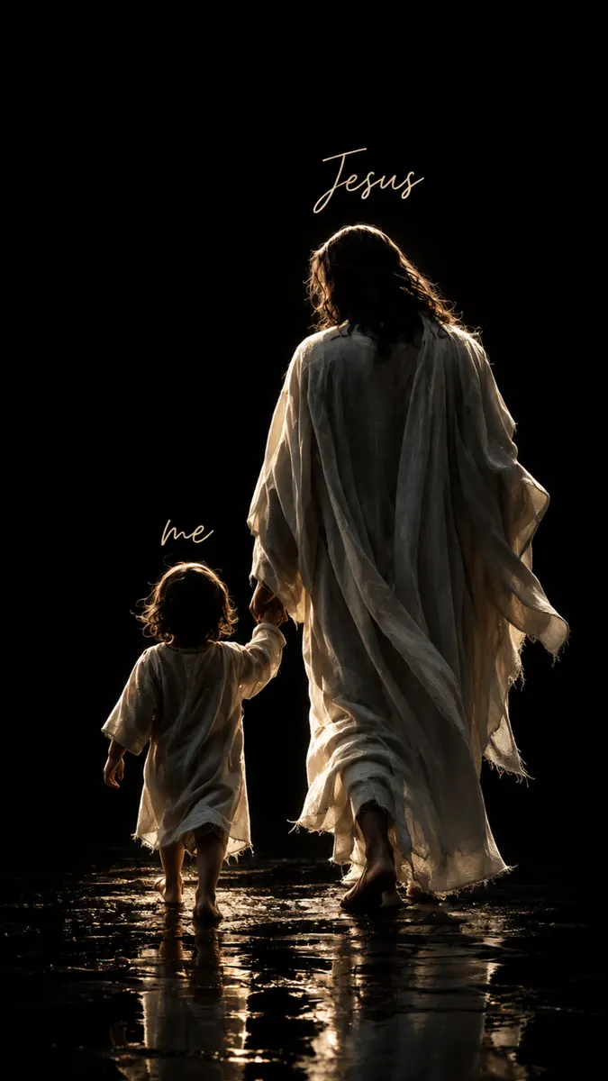 Yesus berjalan dengan seorang anak kecil sambil berpegangan tangan, digambarkan dalam pemandangan gelap dengan pencahayaan latar yang lembut dan label teks.