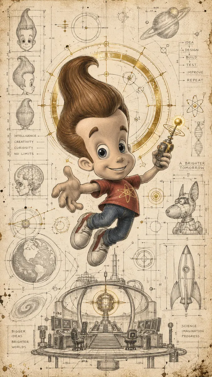 Jimmy Neutron flotando con una camisa roja sosteniendo un dispositivo rodeado de bocetos técnicos de planetas, cohetes y diagramas mecánicos sobre pergamino.