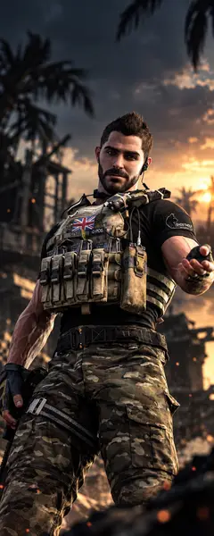 John Soap Mactavish trägt eine taktische Weste mit einem Union Jack-Patch und Tarnhose, stehend in einer zerstörten Umgebung bei Sonnenuntergang.