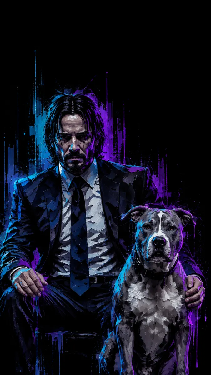 John Wick dengan rambut gelap panjang dan setelan jas duduk di sebelah anjing pit bull-nya dengan latar belakang gelap dengan aksen ungu.