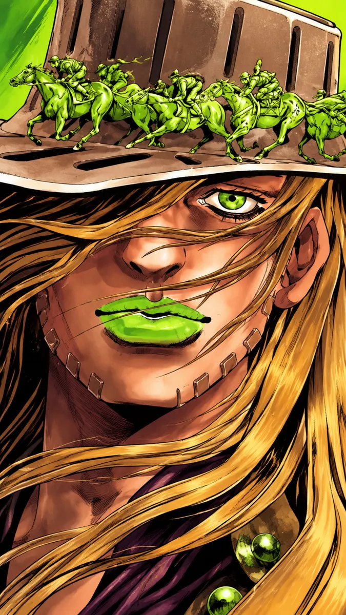 Close-up of Gyro Zeppeli with blonde hair, green lips, and a hat decorated with small green horse riders against a green background.