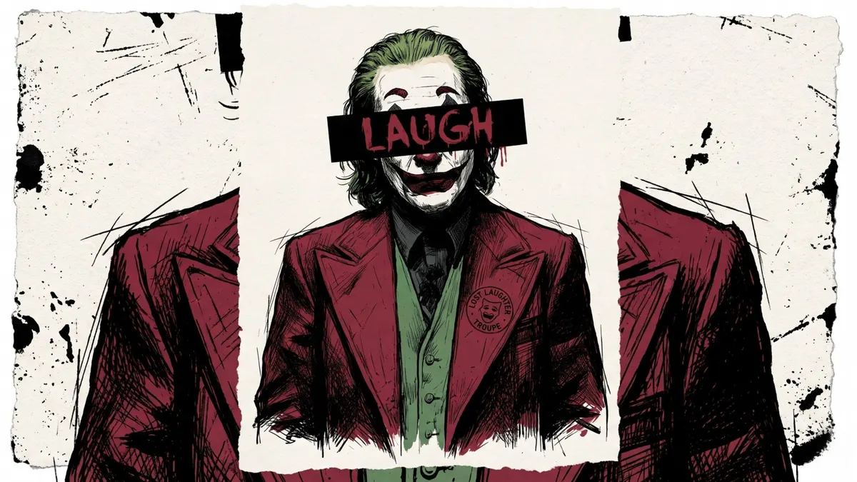 El Joker vistiendo un traje rojo y chaleco verde con una barra negra cubriendo sus ojos y la palabra LAUGH escrita sobre ella.