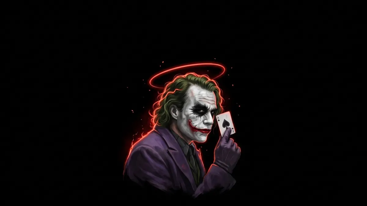 De Joker met witte make-up en rode glimlach die een schoppen aas-kaart vasthoudt met een rood gloeiende halo achter zijn hoofd.