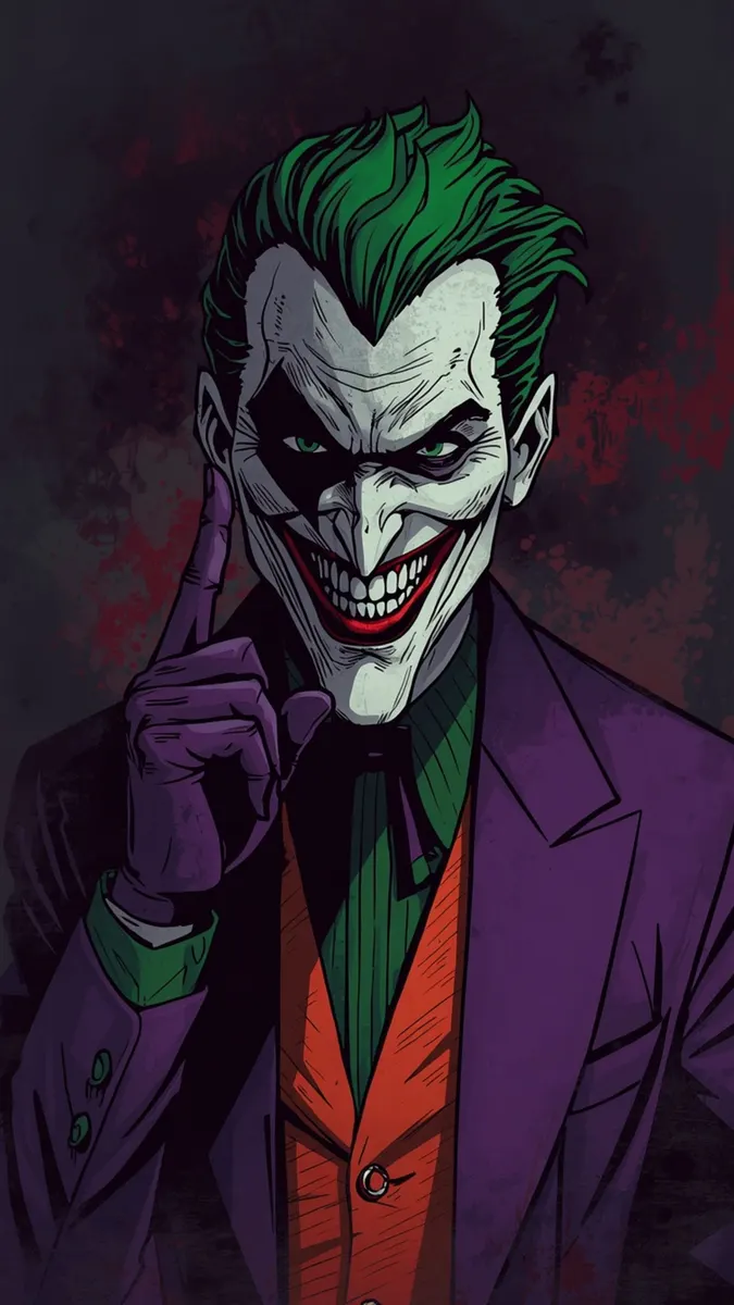 El personaje Joker con cabello verde, pintura facial blanca y traje morado, señalando con un dedo enguantado hacia arriba con una sonrisa siniestra.