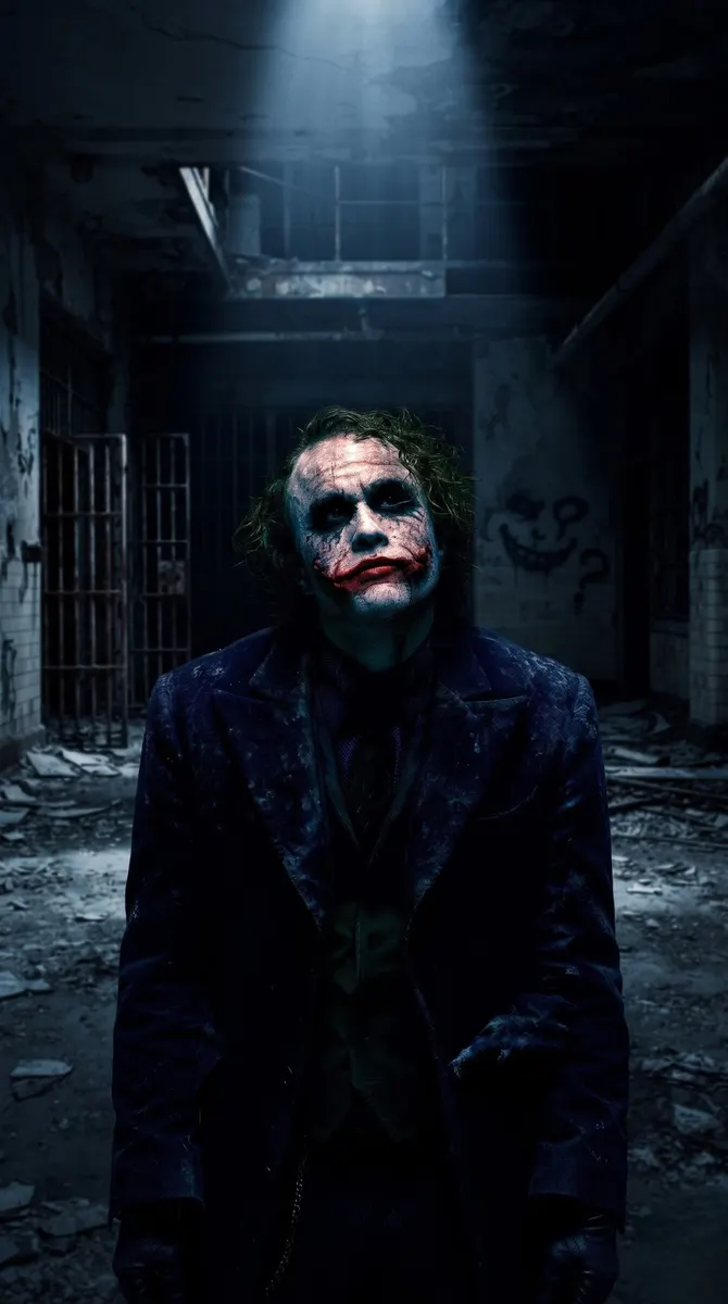 Heath Ledger como el Joker vistiendo su traje morado y maquillaje de payaso, de pie en un pasillo de prisión oscuro y en ruinas con un único rayo de luz.