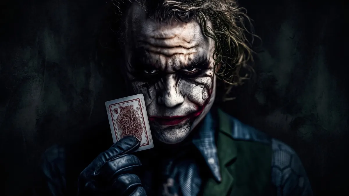 白いフェイスペイントと乱れた髪のJokerが、暗い背景を背に手袋をした手でトランプを1枚持っている様子。