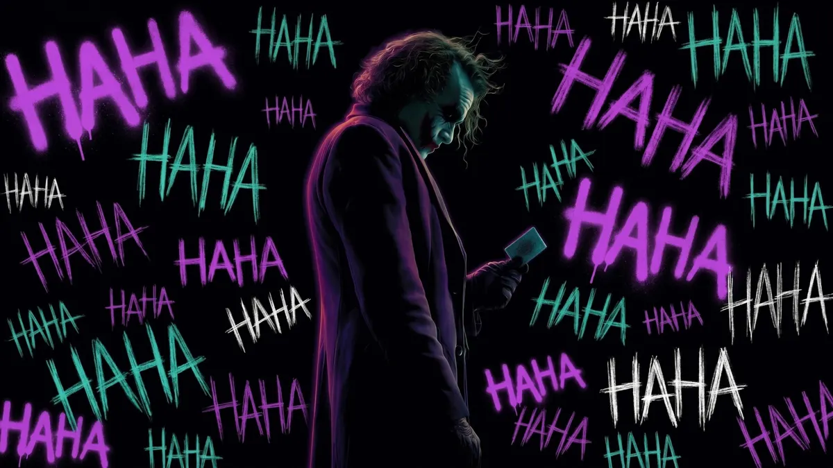 El Joker con abrigo morado mirando una carta de juego, rodeado de texto HAHA morado y verde sobre un fondo negro.