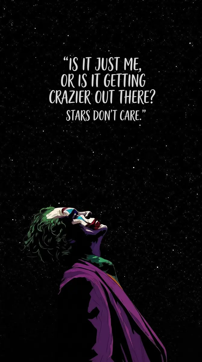 Joker mirando hacia un cielo oscuro estrellado con una cita en texto blanco sobre su cabeza