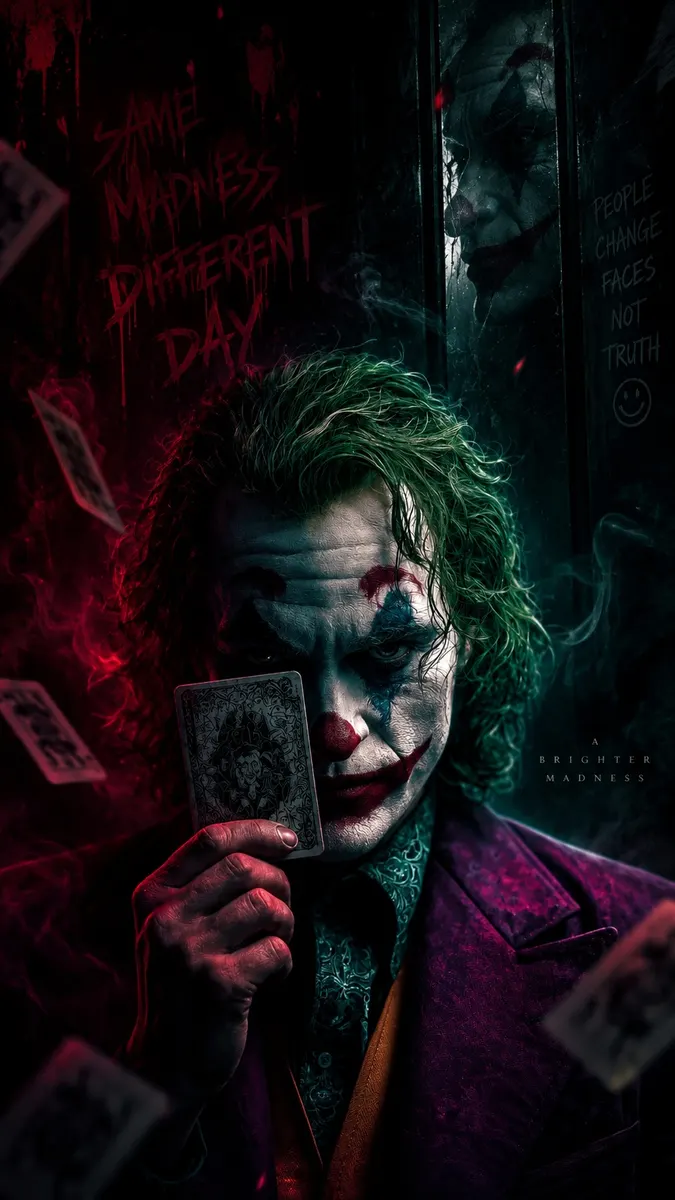 El personaje Joker con pintura facial blanca y cabello verde sosteniendo una carta de juego frente a su rostro.