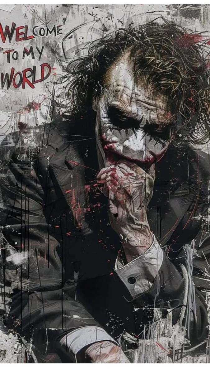 Heath Ledger Joker karakteri, dağınık saçlar, bulaşmış yüz boyası ve koyu takım elbise ile sert bir karakalem sanat tarzında