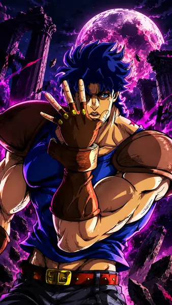 Jonathan Joestar con capelli blu e camicia blu che tiene la mano tesa davanti a una grande luna viola