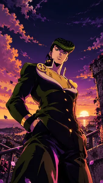 Josuke Higashikata con la sua caratteristica acconciatura pompadour e l'uniforme scolastica scura in piedi su un balcone durante un tramonto viola e arancione.