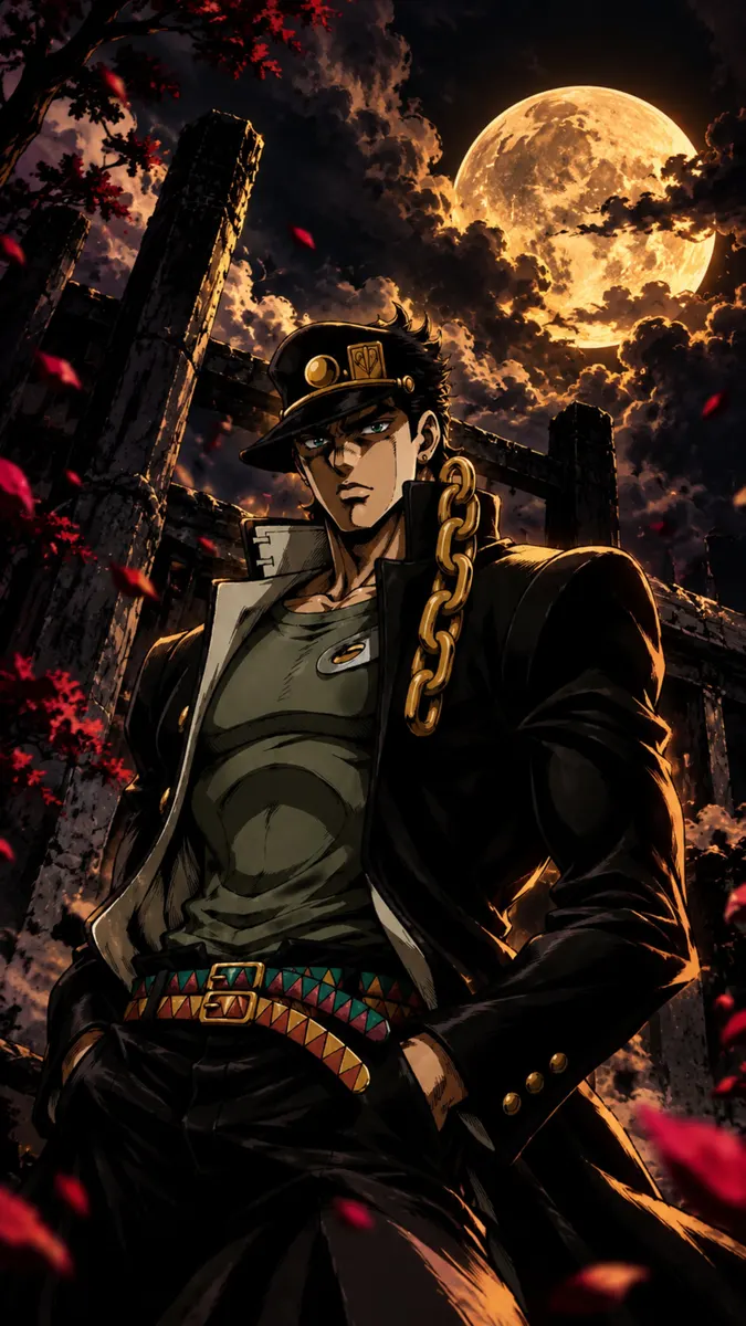 Jotaro Kujo usando su característico sombrero y abrigo negro con una cadena de oro de pie bajo una gran luna llena.