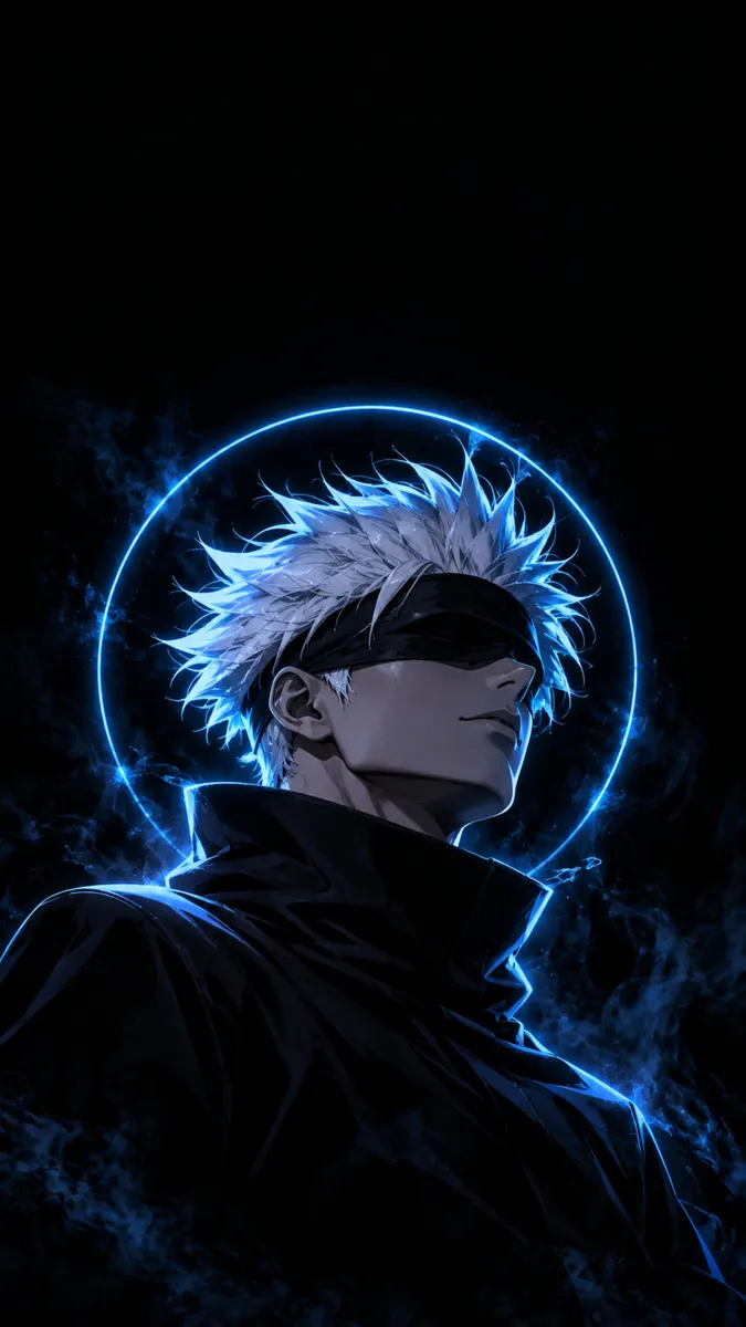 Satoru Gojo de Jujutsu Kaisen com cabelo branco e venda preta, emoldurado por um círculo azul brilhante em um fundo escuro.