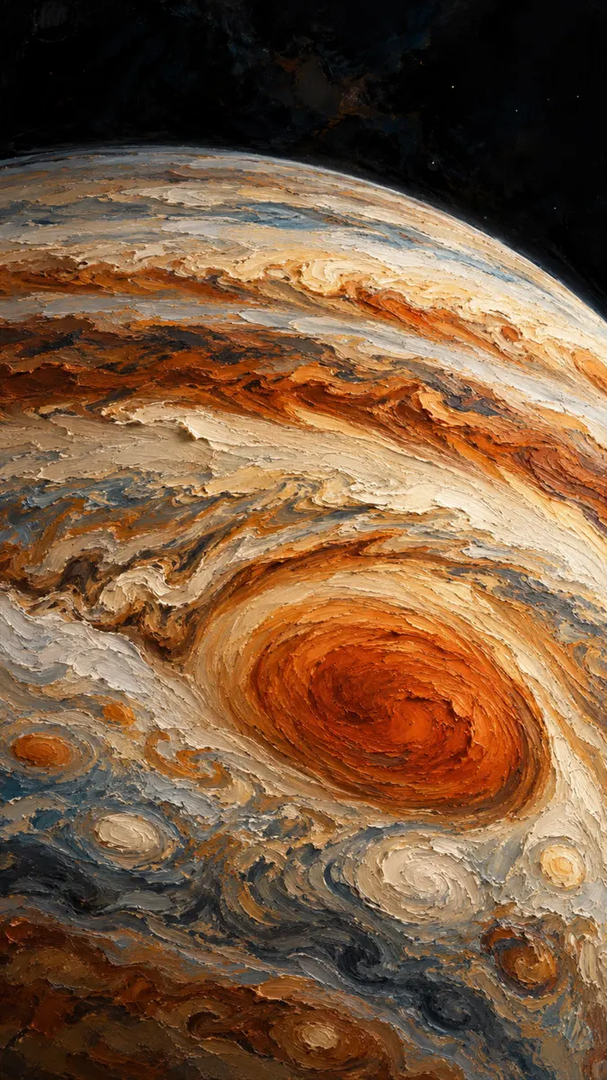 Peinture à l'huile de la planète Jupiter montrant des coups de pinceau épais et texturés orange, marron et crème tourbillonnant autour de la Grande Tache Rouge.