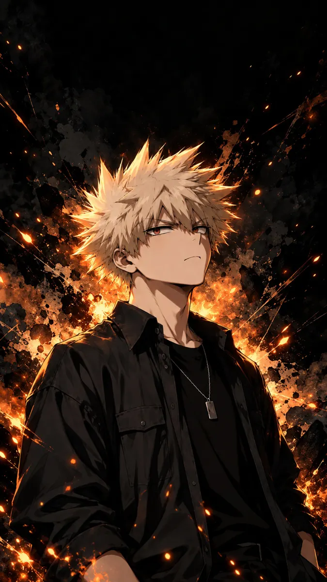 Dikenli sarı saçlı ve kırmızı gözlü Katsuki Bakugo, siyah tişörtüyle parlayan turuncu közler ve dumanın önünde.