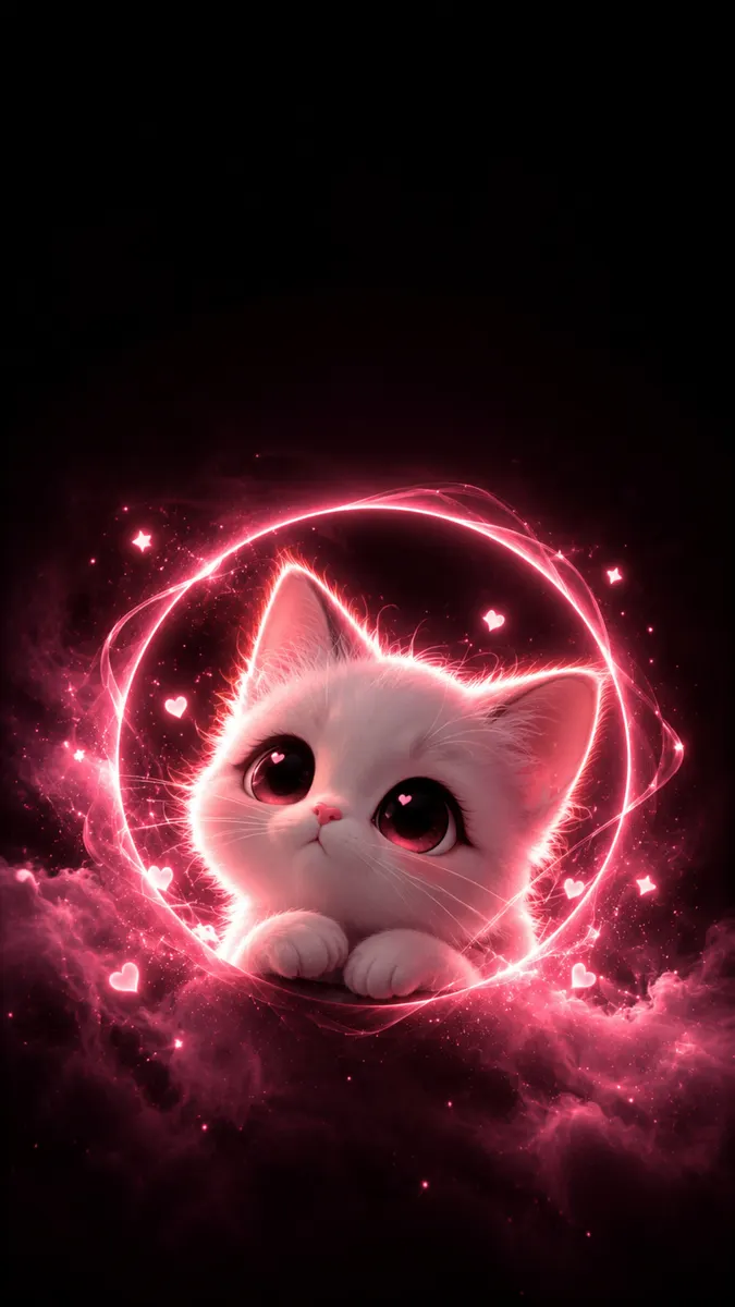 Um gatinho branco fofo com olhos escuros grandes espreitando através de uma moldura circular rosa brilhante com pequenos corações flutuantes em um fundo preto.