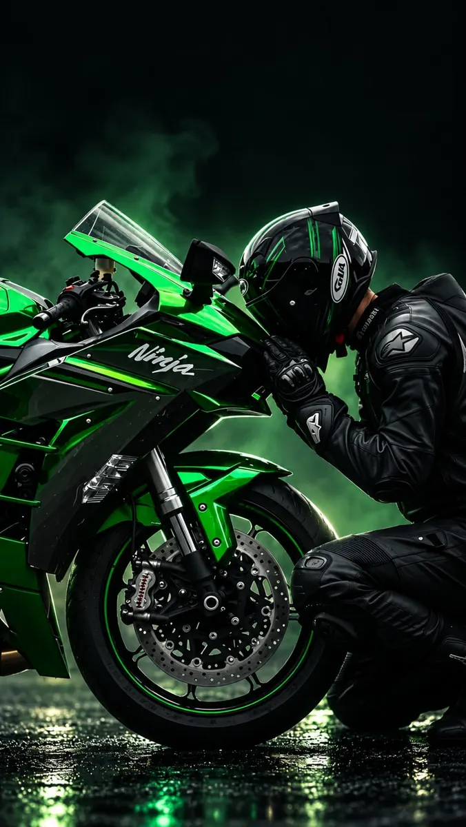 Ein Motorradfahrer in schwarzer Ausrüstung kniet und lehnt seinen Helm gegen die Vorderseite eines grünen Kawasaki Ninja Sportmotorrads in grünem Nebel.