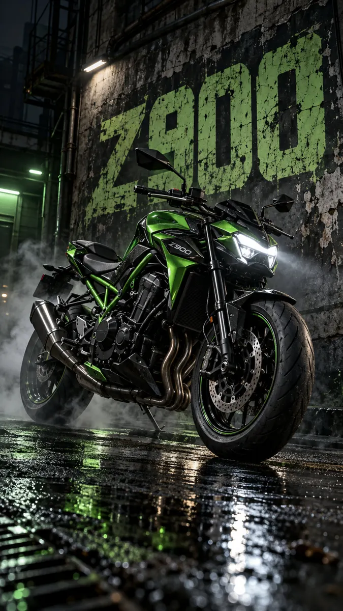 Una motocicleta Kawasaki Z900 verde estacionada en una calle urbana mojada por la noche con un gran graffiti Z900 en la pared de fondo.