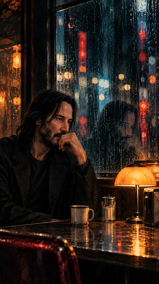 Uzun koyu saçlı ve sakallı Keanu Reeves, gece yağmurlu bir pencerenin yanında kafe masasında oturuyor.