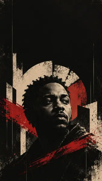 صورة لـ Kendrick Lamar بشعر قصير، متراكبة على خلفية سوداء مع عناصر جرافيك هندسية باللونين الأحمر والبيج وبقع طلاء.